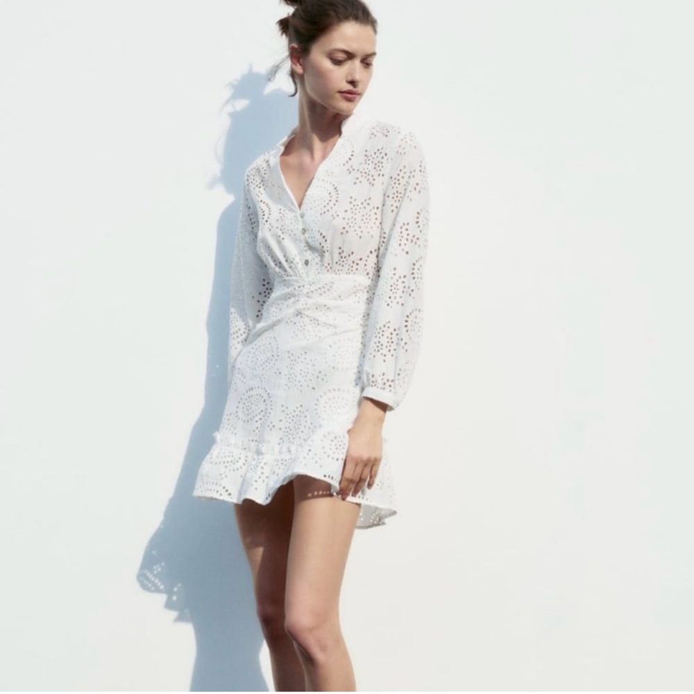 Zara Womens White Mini Dress. Openwork Embroidered. Size M. NWT.